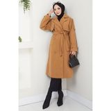 Kruvaze Yaka Düğmeli Kuşaklı Kaşe Kaban Camel HM2603 - 42