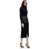 Kruvaze Yırtmaç Detaylı Slim Fit Saten Midi Etek - Siyah - 38