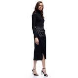 Kruvaze Yırtmaç Detaylı Slim Fit Saten Midi Etek