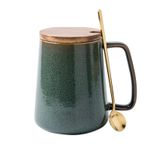 KSALPCH 680 ml Büyük Saplı Ekstra Büyük Seramik Kahve Kupası, Ofis ve Ev için Jumbo Çay ve Kahve Fincanı, Bulaşık Makinesi ve Mikrodalgada Kullanılabilir, Kaşık ve Ahşap Kapaklı (Açık Yeşil, 1)