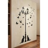 KT Decor Sokak Lambası Kuşlar Ve Kediler 120 X 60 Cm Duvar Sticker Duvar Sticker