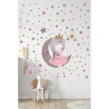Kt Grup Ayda Oturan Sevimli Kız Ve 150 Adet Yıldız Ve Puantiyeler Çocuk Odası Mega Duvar Sticker Seti - 60 x 70 cm - Renkli