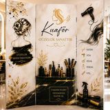 Kuaför Temalı Dekoratif Paravan – Saç Tasarım Ve Güzellik Salonu Oda Bölücü Tek Taraf Baskılı Arka Düz Kumaş 5 Kanat Yükseklik 180 X Genişlik 200