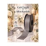 kubbe tekstil aksesuar Gri Çizgili Şifon Kurdele 2,5 cm – 1 Top 20 Metre Hediye Paketi, Çiçek Buketi, Nişan Düğün ve Dekorasyon Kurdelası