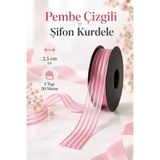 kubbe tekstil aksesuar Pembe Çizgili Şifon Kurdele 2,5 cm – 1 Top 20 Metre Hediye Paketi, Çiçek Buketi, Nişan Düğün ve Dekorasyon Kurdelası