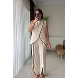 Kubos Moda Biyeli Yelek Pantolon Keten Bej İkili Takım S BT-006