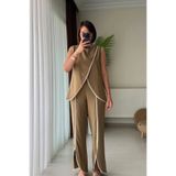 Kubos Moda Biyeli Yelek Pantolon Keten Haki İkili Takım BT-006