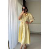Kubos Moda Dantel Kol Detaylı Kuşaklı Sarı Keten Elbise DS-003