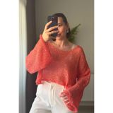 Kubos Moda Payetli Ajurlu Örgü Kayık Yaka Turuncu Crop Bluz