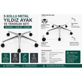 Kübra Büro 5 Kollu Metal Yıldız Ayak ve Tekerlek Seti Krom Ofis Koltuğu Ayağ