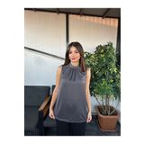 Kübra Tekstil Kadın Antrasit Drape Yaka Saten Dokuma Kolsuz Bluz