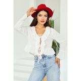 Kübra Tekstil Kadın Beyaz Regular Fit Bağlamalı Krinkıl Dokulu Fırfırlı Uzun Kollu Bluz , Kadın Önden Bağlamalı Bl