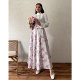 Küçüğüm Butik Beyaz Zemin Pembe-Mor Çiçekli Kloş Poplin Etek - Pembe - Mor - S - M