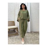 KÜÇÜĞÜM BUTİK Haki Yeşil Müslin Pantolon Bluz İkili Takım (PANTOLON-BLUZ)
