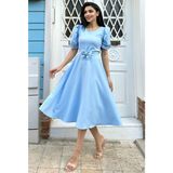 Küçüğüm Butik Karpuz Kol Kloş Midi Boy Krep Elbise - Bebe Mavisi - 3XL