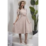 Küçüğüm Butik Karpuz Kol Kloş Midi Boy Krep Elbise - Bej - 2XL