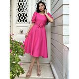 Küçüğüm Butik Karpuz Kol Kloş Midi Boy Krep Elbise - Fuşya - Pembe - XL