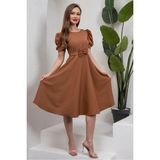 Küçüğüm Butik Karpuz Kol Kloş Midi Boy Krep Elbise - Kamel