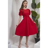 Küçüğüm Butik Karpuz Kol Kloş Midi Boy Krep Elbise - Kırmızı - XL