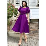 Küçüğüm Butik Karpuz Kol Kloş Midi Boy Krep Elbise - Mor - 2XL