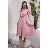 Küçüğüm Butik Karpuz Kol Kloş Midi Boy Krep Elbise - Pudra Pembe - XL