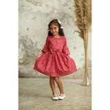Küçüğüm Butik Kırmızı Çiçekli Belden Büzgülü Kız Çocuk Elbise - 8 - 9 Yaş
