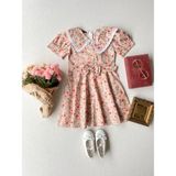 Küçüğüm Butik Kız Çocuk Renkli Çiçekli Yakalı Poplin Kloş Elbise - Pudra - 8 - 9 Yaş