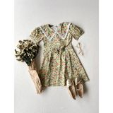 Küçüğüm Butik Kız Çocuk Renkli Çiçekli Yakalı Poplin Kloş Elbise - Yeşil - 4 - 5 Yaş