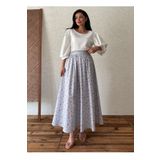 KÜÇÜĞÜM BUTİK Mavi-Bordo Çiçekli Kloş Poplin Etek