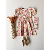 Küçüğüm Butik Pastel Çiçek Desenli Kloş Karpuz Kol Kız Çocuk Elbise - 3 - 4 Yaş - Turuncu