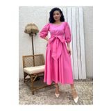 KÜÇÜĞÜM BUTİK Pembe Büyük Fiyonklu Kare Yaka Kloş Poplin Elbise