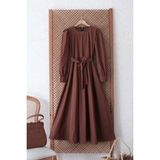 Küçüğüm Butik Tesettür Kahverengi Poplin Kloş Elbise - L - XL