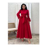 KÜÇÜĞÜM BUTİK Tesettür Kırmızı Büyük Fiyonklu Poplin Kloş Elbise