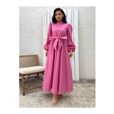 KÜÇÜĞÜM BUTİK Tesettür Pembe Büyük Fiyonklu Poplin Kloş Elbise
