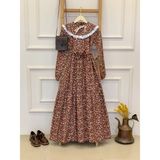 Küçüğüm Butik Tesettür Seyyar Yakalı Kahve Çiçekli Kat Kat Elbise - Kahverengi - 2XL