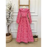 Küçüğüm Butik Tesettür Seyyar Yakalı Kırmızı Papatyalı Poplin Elbise - Kırmızı - Beyaz
