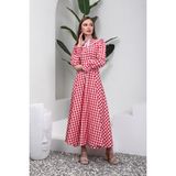 Küçüğüm Butik Tesettür Seyyar Yakalı Kırmızı Pötikare Elbise - Kırmızı - Beyaz - 2XL