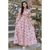 Küçüğüm Butik Tesettür Turuncu Pastel Çiçekli Boyundan Bağlamalı Kloş Elbise - 3XL