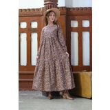 KÜÇÜĞÜM BUTİK Tesettür Vintage Kahve Çiçekli Kat Kat Elbise (YAKASIZ)