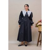 KÜÇÜĞÜM BUTİK Vintage Siyah Pileli Fisto Yakalı Kadın Uzun Elbise (Elbise-Yaka)