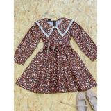 Küçüğüm Butik Vintage Yakalı Kahverengi Çiçekli Uzun Kol Kloş Kız Çocuk Elbise - 2 - 3 Yaş