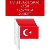 Küçük Boy 20 Adet Çubuklu Kağıt Türk Bayrağı Çıtalı Sopalı Saplı Ay Yıldız Baskılı Bayrak 12,5X20 cm