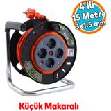 Küçük Makaralı Seyyar Cca Kablo 4 Priz Monofaze Uzatma Kablosu 3x1.5 mm Ttr Kablo Plastik 15 Metre - Turuncu - Siyah