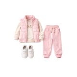 KÜÇÜK TERZİ Kız Çocuk 3'lü Yelekli Eşofman Takımı Çiçek Desenli Şişme Yelek Sweatshirt Jogger Alt Takım 9-24 AY
