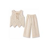 KÜÇÜK TERZİ Kız Çocuk Soft Dokulu Ajurlu Triko Takım Crop Bluz(Astarsız) Pantolon(Astarlı) Set 2 Yaş-5 Yaş
