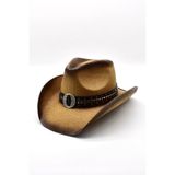 Külah Deri Şeritli Rhinestone Hasır Şapka, Premium Classic Western Festival Beach Rave Hat, Kadın