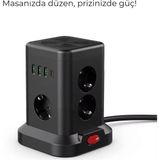 Kule Tipi Akım Korumalı Çoklu Priz – 3 Usb-A + 1 Type-C Çıkışlı, Tek Tuş Kontrollü Kompakt Tasarım - Siyah