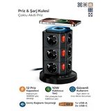 Kule Tipi Akım Korumalı Priz 12Li Çoklu Priz 3 Usb Wireless Şarj Type-C Uzatma Kablosu Ofis Ev