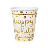 Kullan At Market Metalik Altın Happy Birthday Baskılı Beyaz Karton Bardak 8oz 6'lı