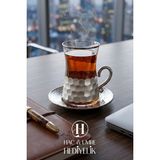 Kulplu Platin Çay Bardak Seti | 6 Kişilik Çay Takımı | Petek Desenli Platin Işlemeli Lüks Çay Takımı | Kulplu Cam Çay Bardağı Takımı - Gümüş